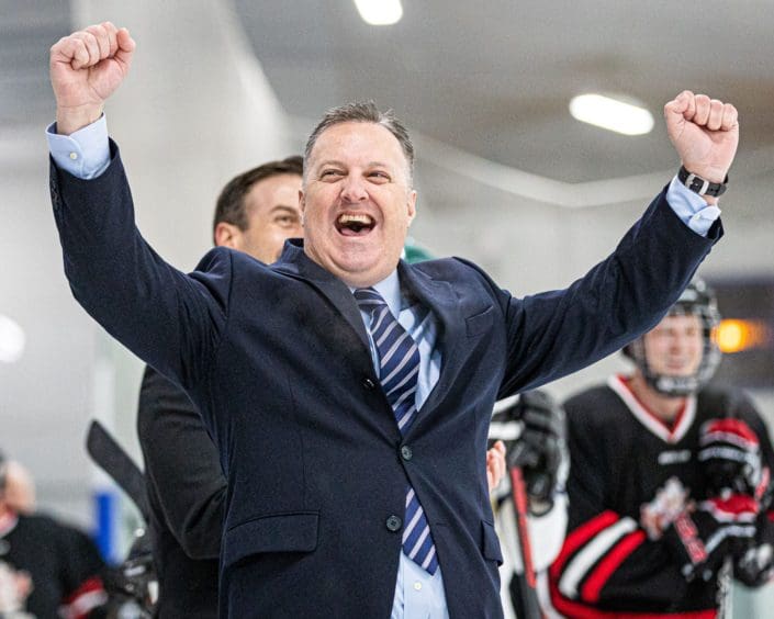 TORONTO, ON – JUN. 2, 2019: Coaching staff with Canadian Forces College celebrate a shootout goal. TORONTO, ON – JUN. 2, 2019: Coaching staff with Canadian Forces College celebrate a shootout goal.